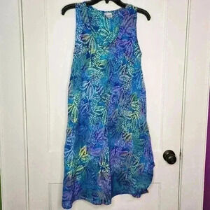 Womens Medium Tank Dress Tropical Vibrations Batik Blue Leaves Flowy Beach